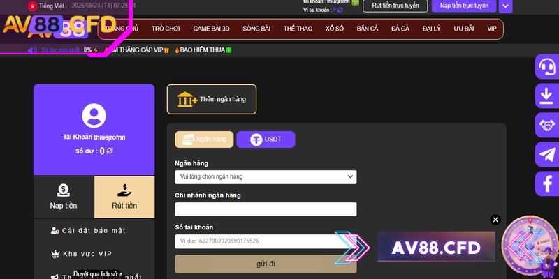 Nạp Rút Tiền av88 2 Bet thủ nên kiểm tra số dư để đảm bảo lệnh rút thành công